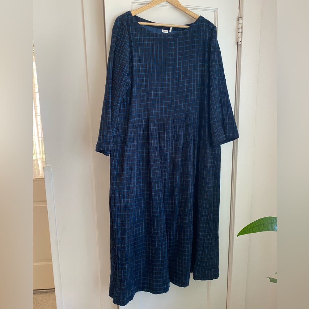 Toast UK - Linen Navy Blue Check Midi Dress